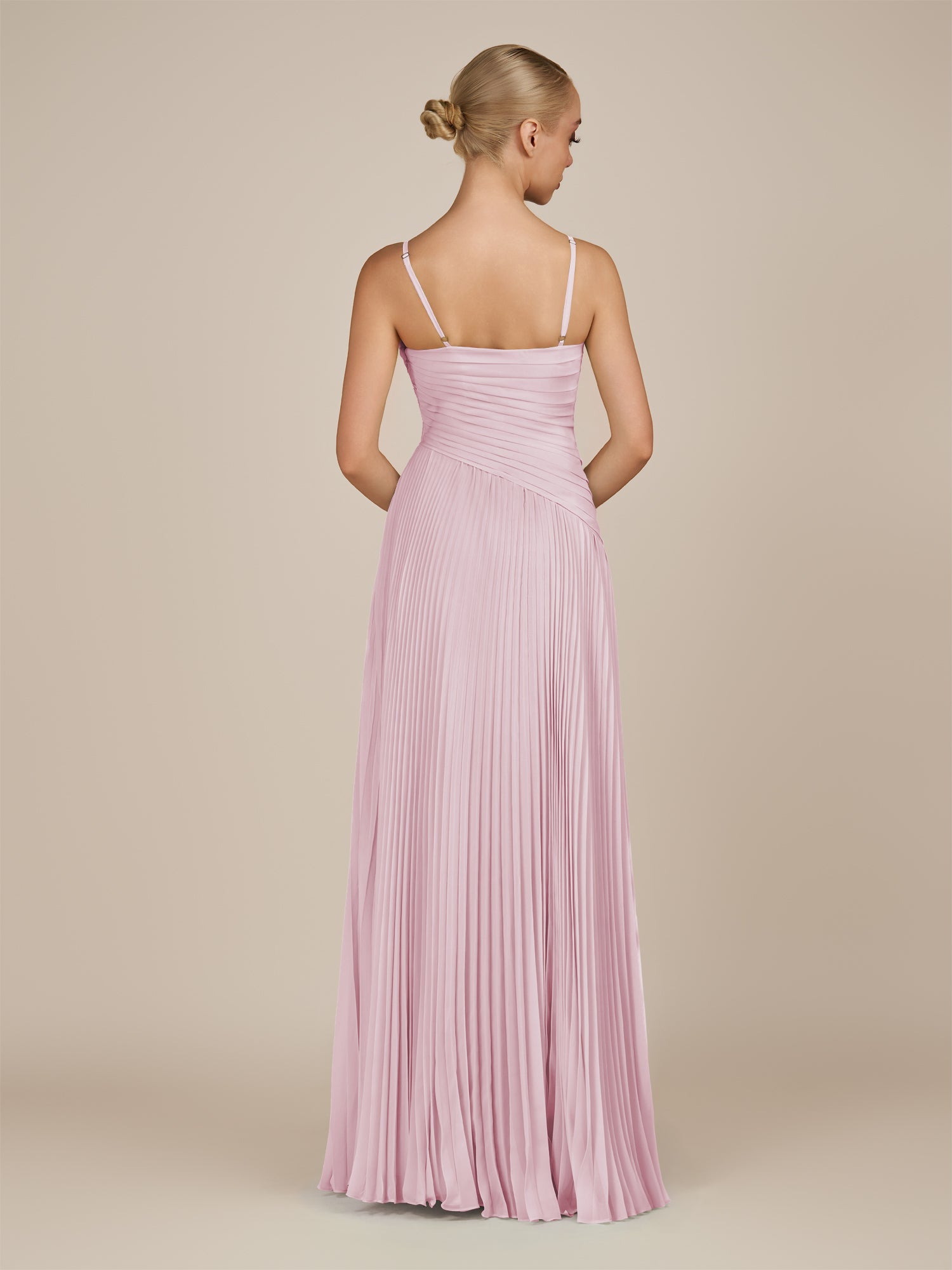 KissDress-Vionnet Candy Pink A-Line V Neck Pleated Chiffon Long Bridesmaid Dress with Slit