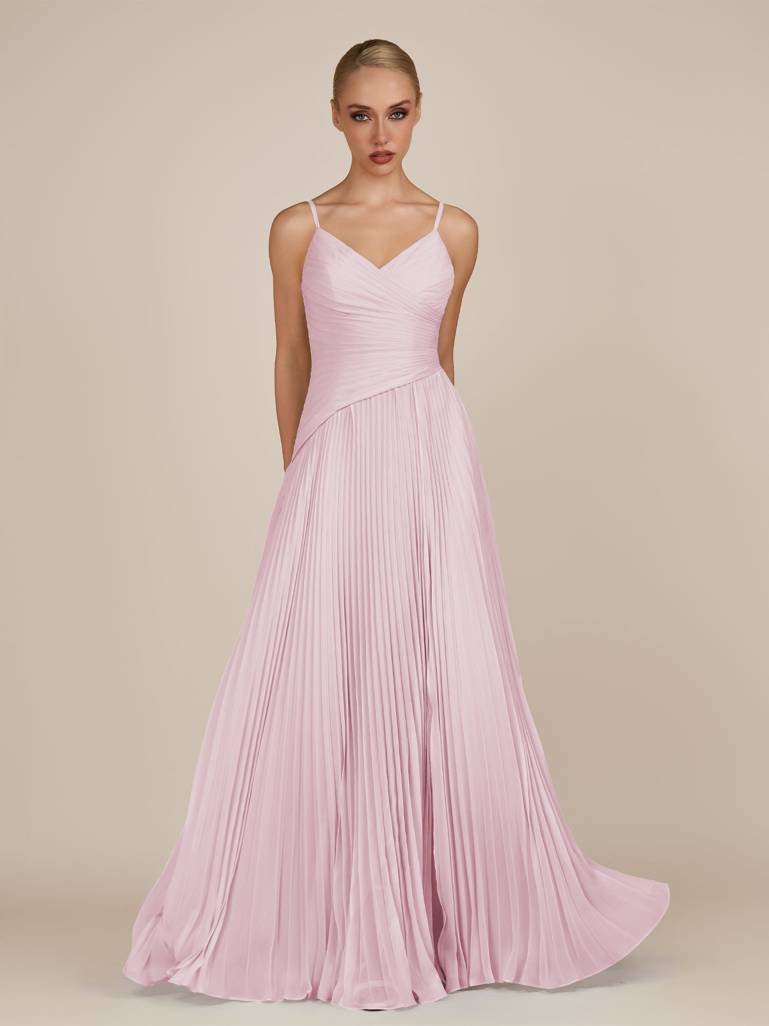 KissDress-Vionnet Candy Pink A-Line V Neck Pleated Chiffon Long Bridesmaid Dress with Slit