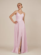 KissDress-Vionnet Candy Pink A-Line V Neck Pleated Chiffon Long Bridesmaid Dress with Slit
