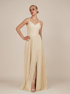 KissDress-Vionnet Champagne A-Line V Neck Pleated Chiffon Long Bridesmaid Dress with Slit