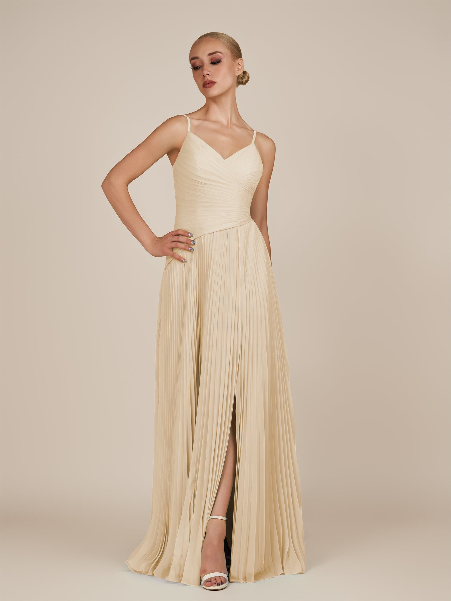 KissDress-Vionnet Champagne A-Line V Neck Pleated Chiffon Long Bridesmaid Dress with Slit