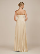 KissDress-Vionnet Champagne A-Line V Neck Pleated Chiffon Long Bridesmaid Dress with Slit