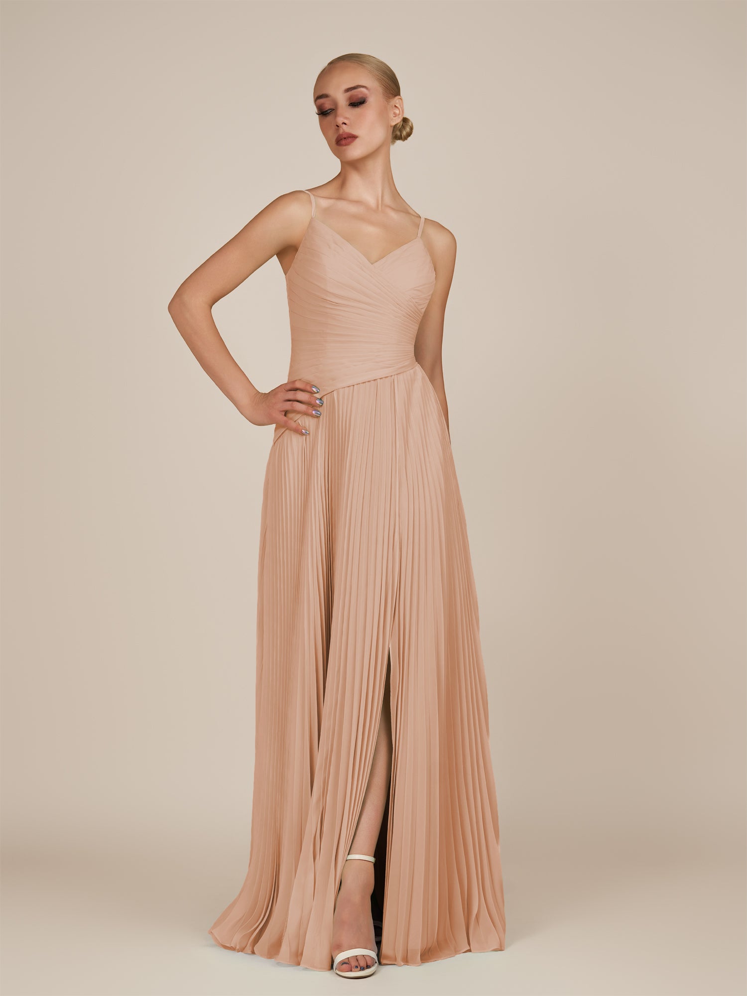 KissDress-Vionnet Champagne Rose A-Line V Neck Pleated Chiffon Long Bridesmaid Dress with Slit