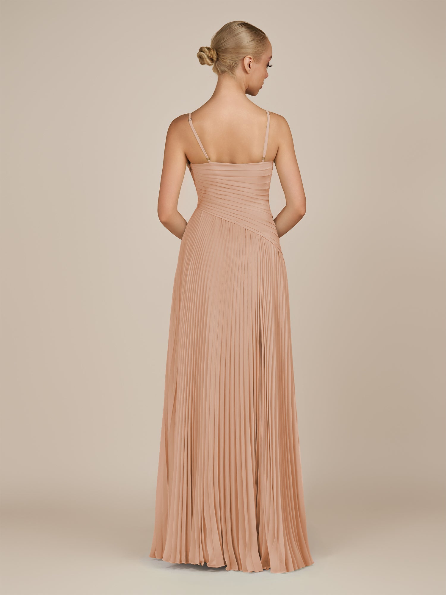 KissDress-Vionnet Champagne Rose A-Line V Neck Pleated Chiffon Long Bridesmaid Dress with Slit