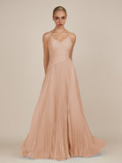KissDress-Vionnet Champagne Rose A-Line V Neck Pleated Chiffon Long Bridesmaid Dress with Slit