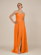 KissDress-Vionnet Cinnamon A-Line V Neck Pleated Chiffon Long Bridesmaid Dress with Slit