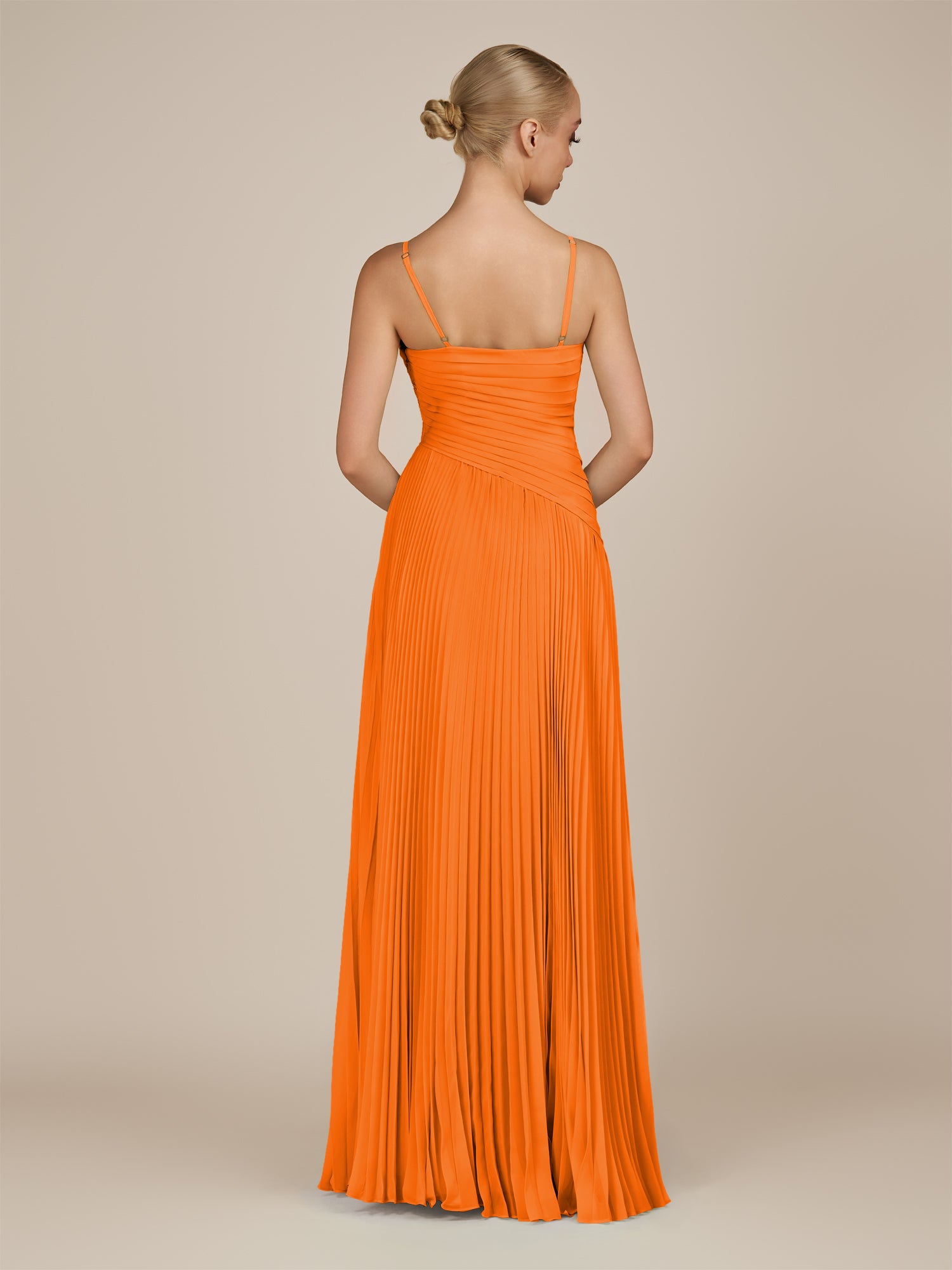 KissDress-Vionnet Cinnamon A-Line V Neck Pleated Chiffon Long Bridesmaid Dress with Slit