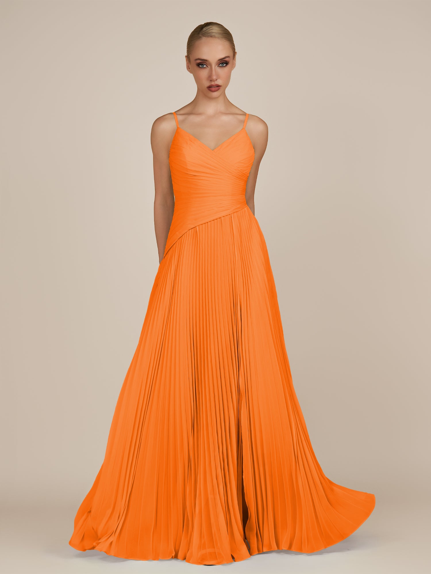 KissDress-Vionnet Cinnamon A-Line V Neck Pleated Chiffon Long Bridesmaid Dress with Slit