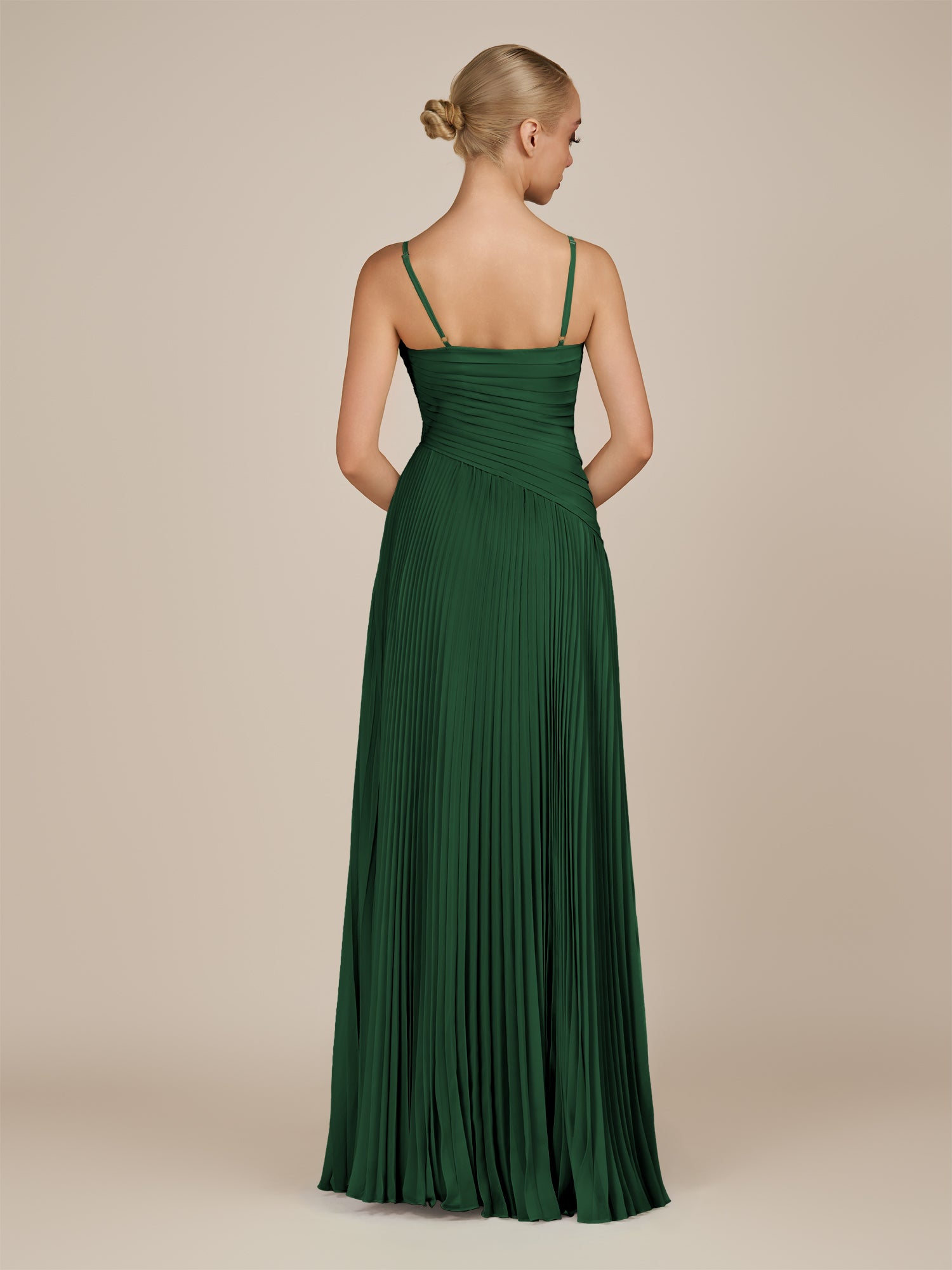 KissDress-Vionnet Dark Green A-Line V Neck Pleated Chiffon Long Bridesmaid Dress with Slit