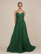 KissDress-Vionnet Dark Green A-Line V Neck Pleated Chiffon Long Bridesmaid Dress with Slit