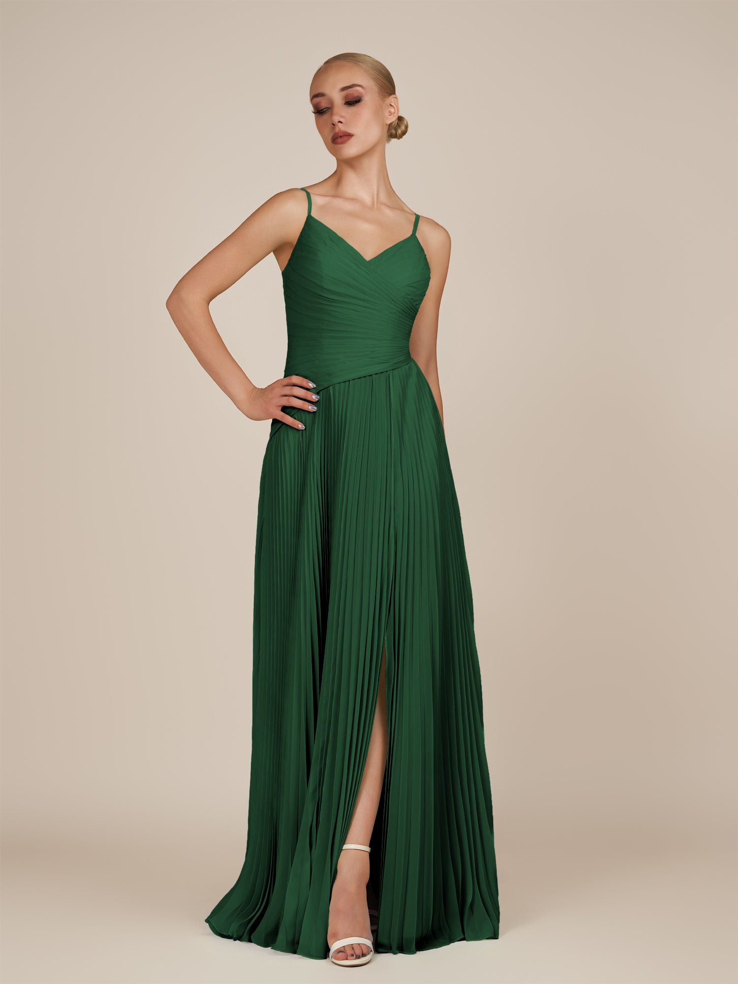 KissDress-Vionnet Dark Green A-Line V Neck Pleated Chiffon Long Bridesmaid Dress with Slit