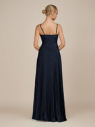 KissDress-Vionnet Dark Navy A-Line V Neck Pleated Chiffon Long Bridesmaid Dress with Slit