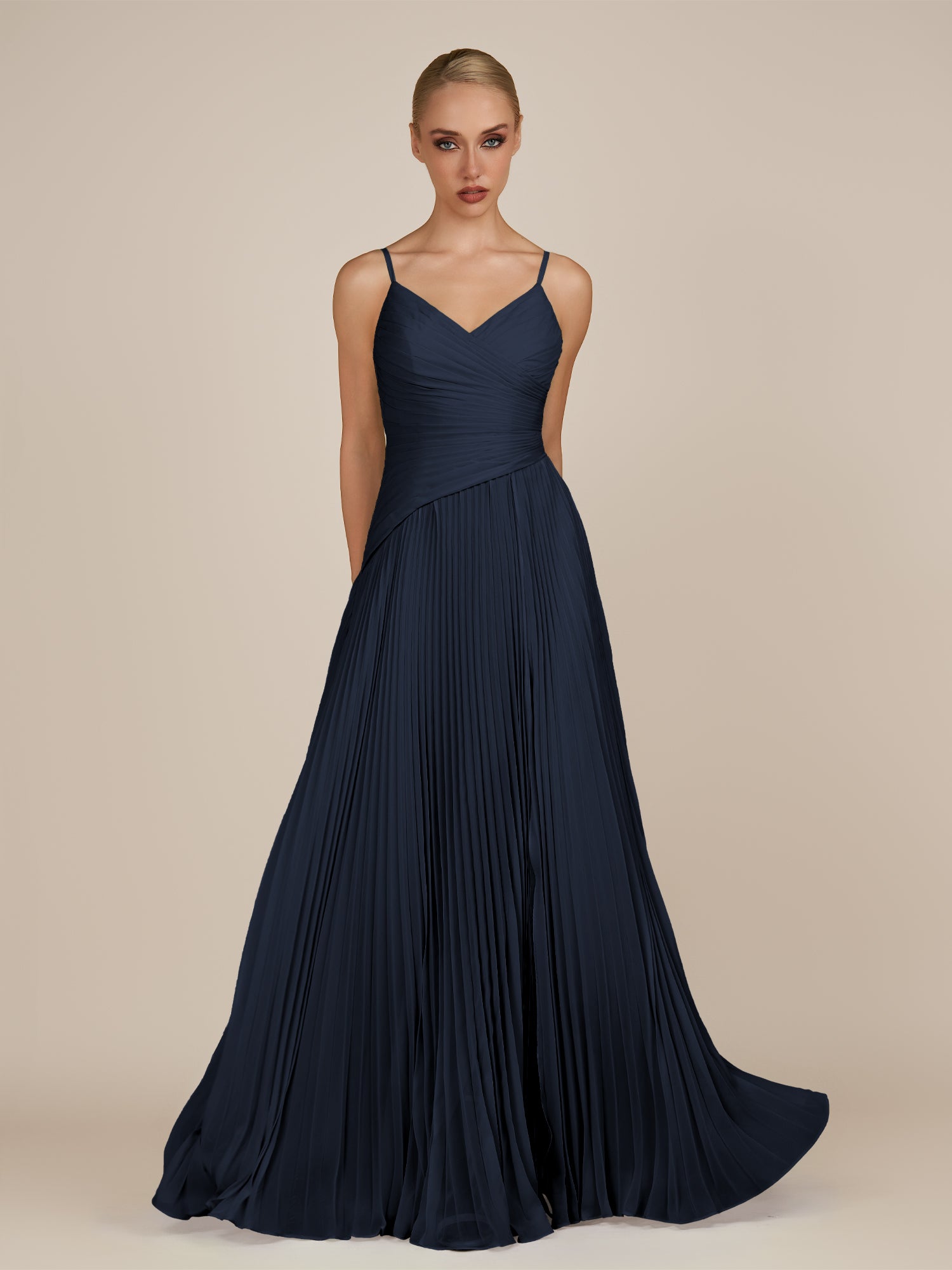 KissDress-Vionnet Dark Navy A-Line V Neck Pleated Chiffon Long Bridesmaid Dress with Slit