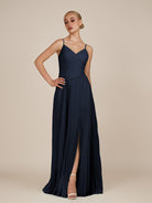 KissDress-Vionnet Dark Navy A-Line V Neck Pleated Chiffon Long Bridesmaid Dress with Slit