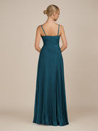 KissDress-Vionnet Dark Teal A-Line V Neck Pleated Chiffon Long Bridesmaid Dress with Slit