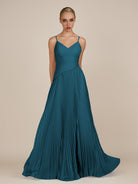 KissDress-Vionnet Dark Teal A-Line V Neck Pleated Chiffon Long Bridesmaid Dress with Slit