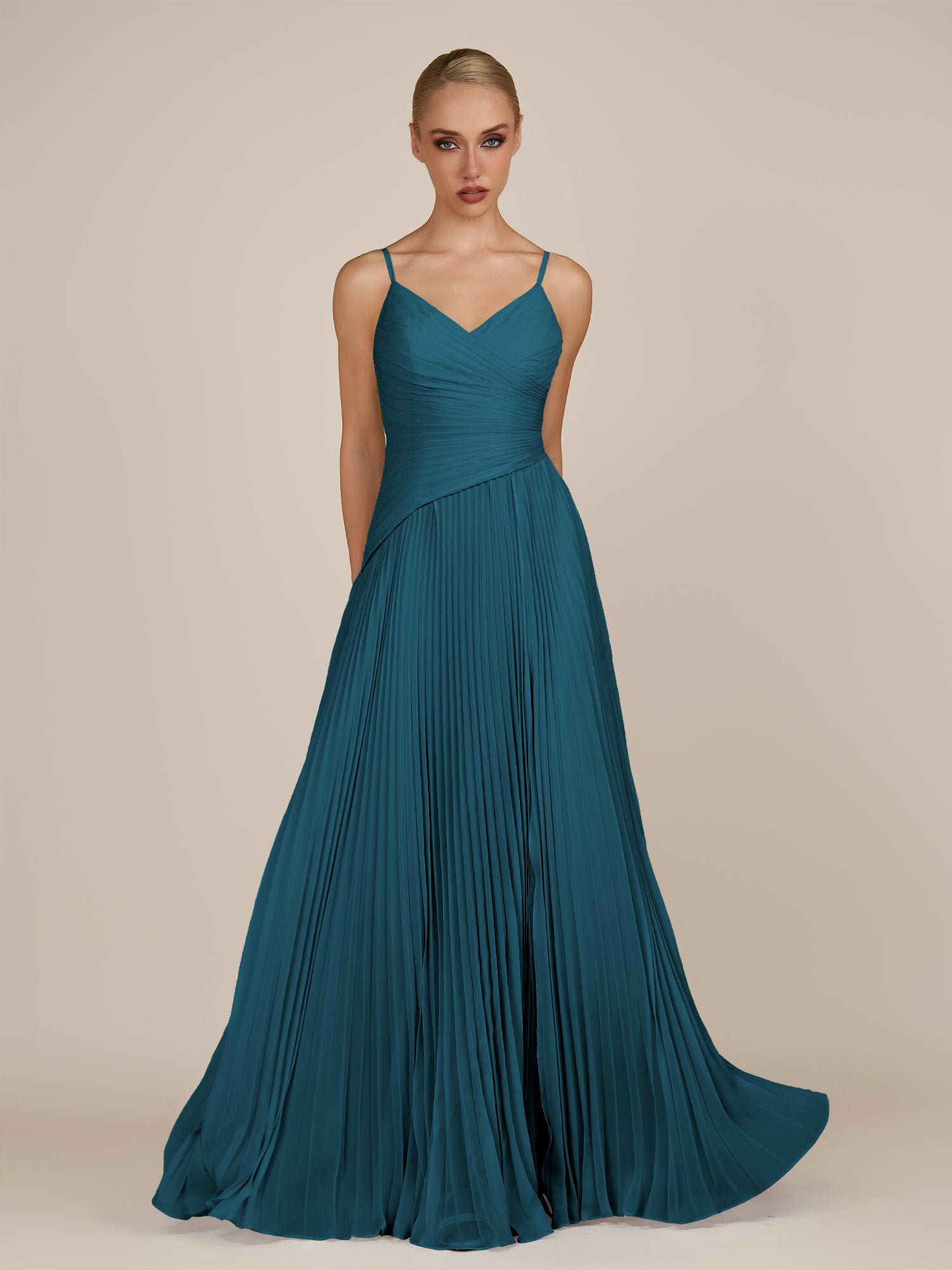 KissDress-Vionnet Dark Teal A-Line V Neck Pleated Chiffon Long Bridesmaid Dress with Slit