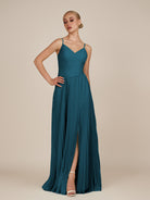 KissDress-Vionnet Dark Teal A-Line V Neck Pleated Chiffon Long Bridesmaid Dress with Slit