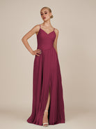 KissDress-Vionnet Desert Rose A-Line V Neck Pleated Chiffon Long Bridesmaid Dress with Slit