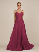 KissDress-Vionnet Desert Rose A-Line V Neck Pleated Chiffon Long Bridesmaid Dress with Slit