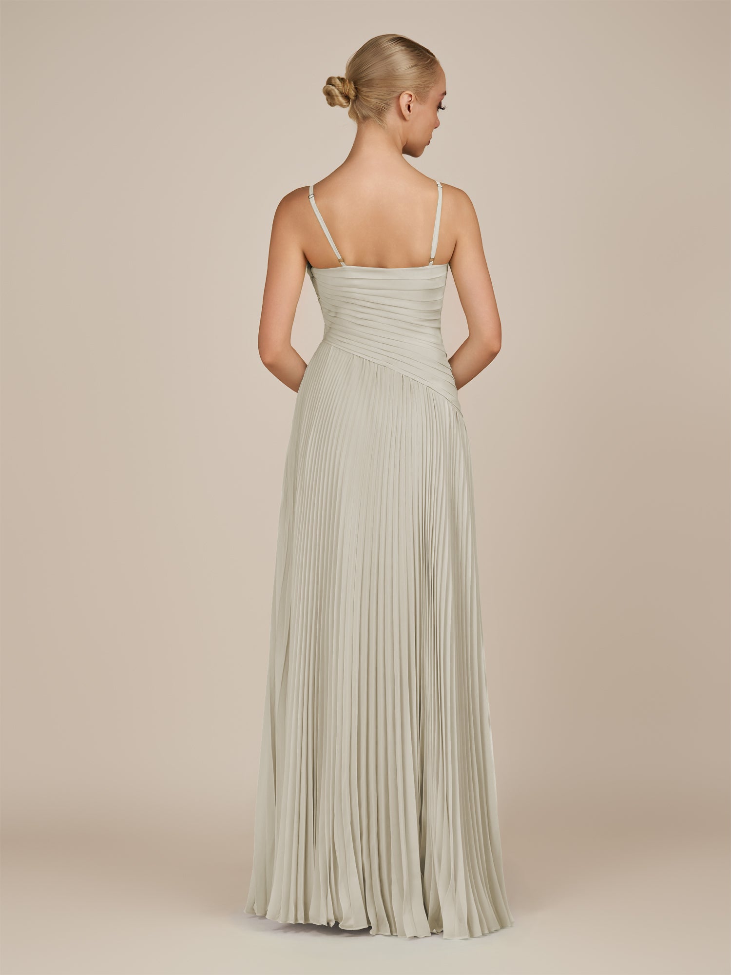 KissDress-Vionnet Dove Gray A-Line V Neck Pleated Chiffon Long Bridesmaid Dress with Slit