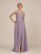 KissDress-Vionnet Dusk A-Line V Neck Pleated Chiffon Long Bridesmaid Dress with Slit