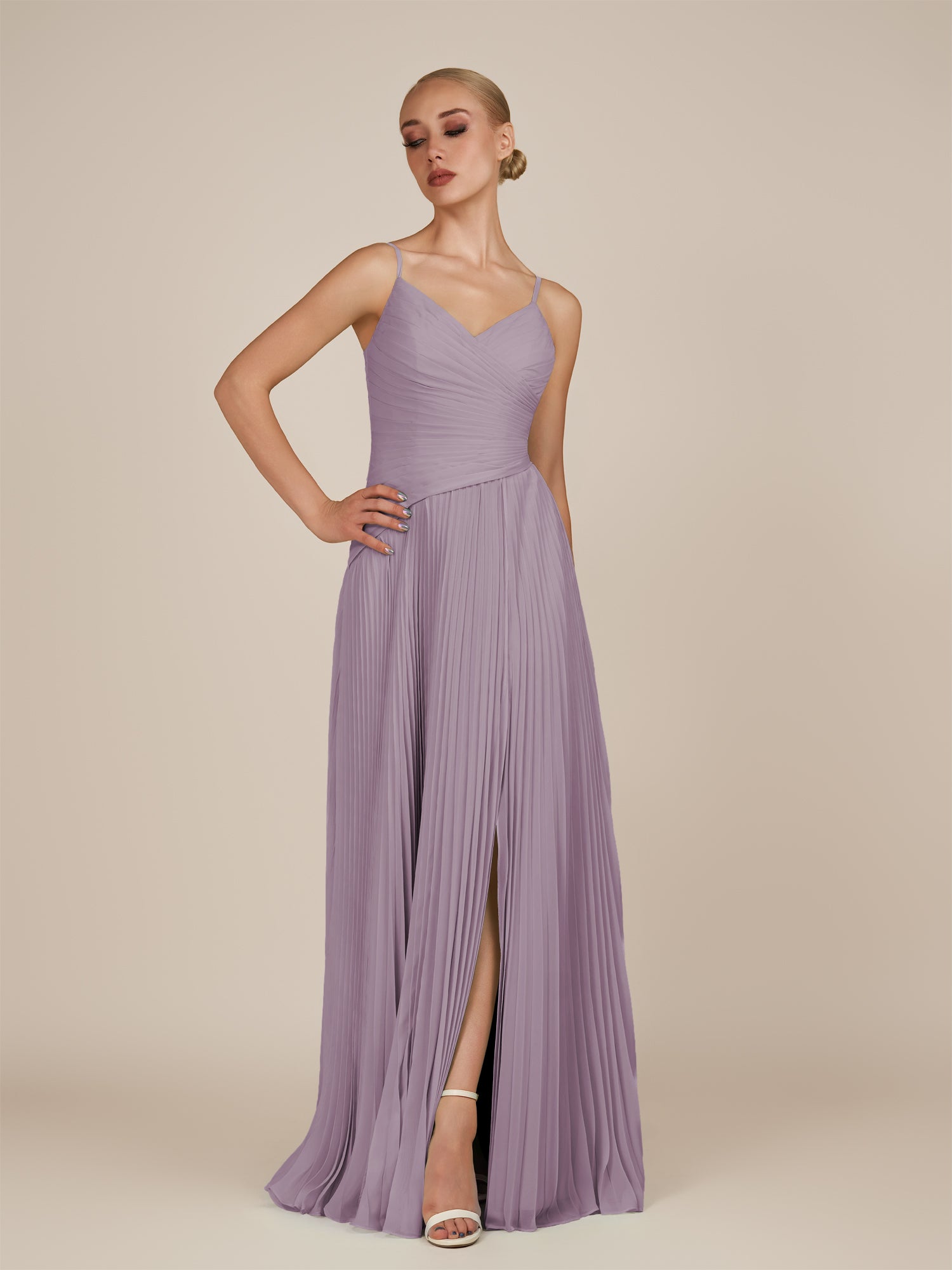 KissDress-Vionnet Dusk A-Line V Neck Pleated Chiffon Long Bridesmaid Dress with Slit