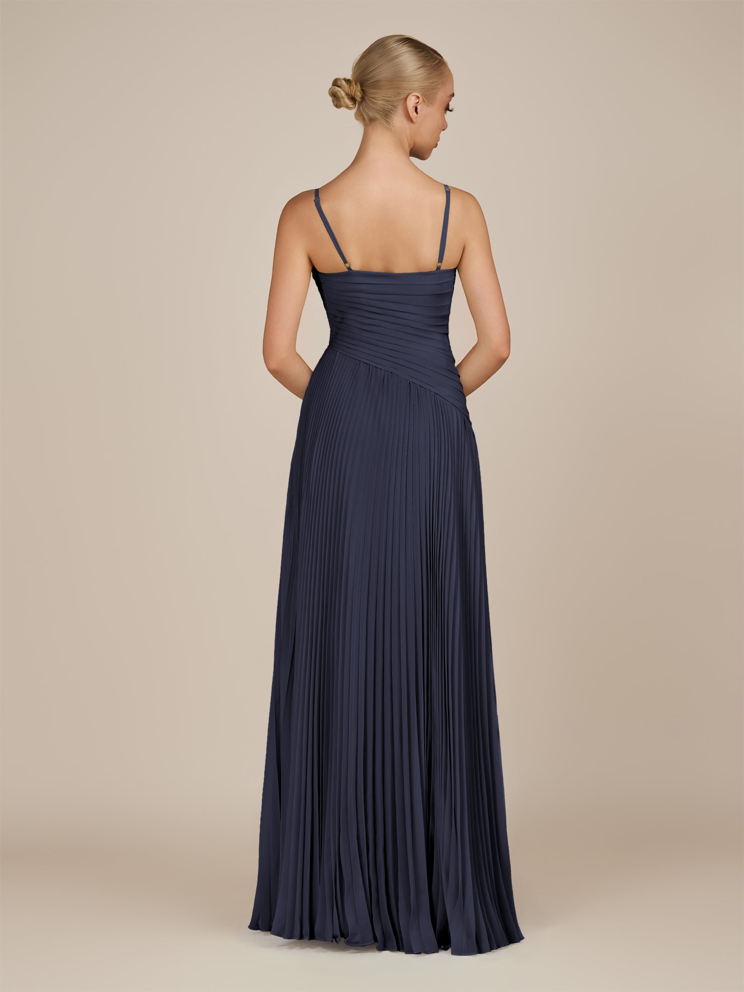KissDress-Vionnet Dusk Blue A-Line V Neck Pleated Chiffon Long Bridesmaid Dress with Slit