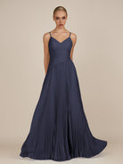 KissDress-Vionnet Dusk Blue A-Line V Neck Pleated Chiffon Long Bridesmaid Dress with Slit