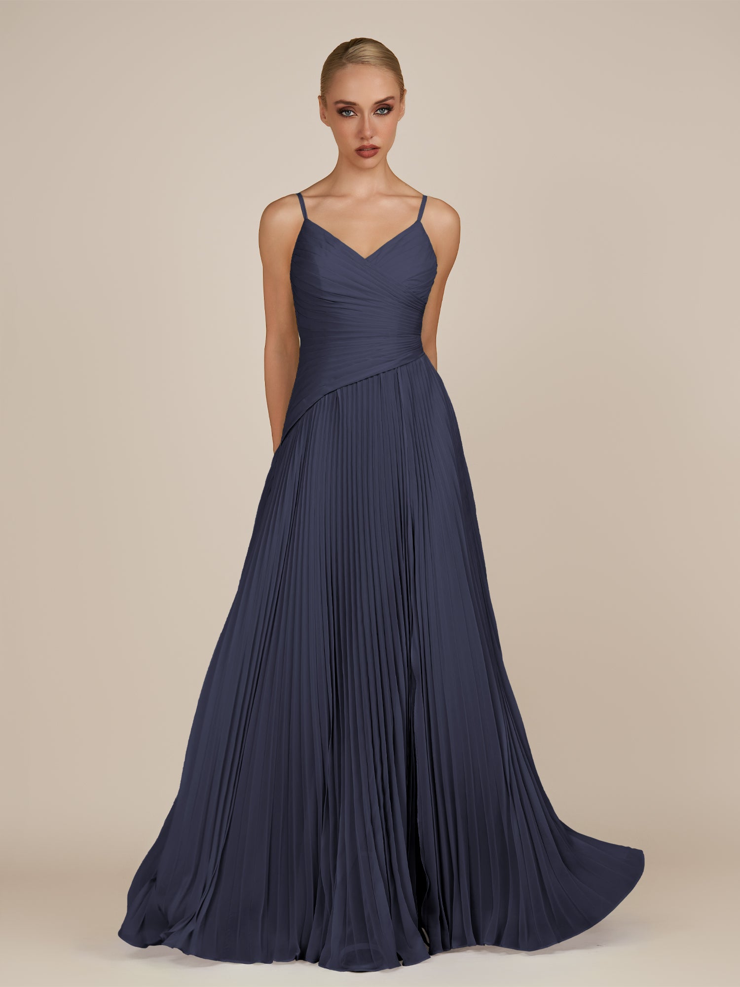 KissDress-Vionnet Dusk Blue A-Line V Neck Pleated Chiffon Long Bridesmaid Dress with Slit