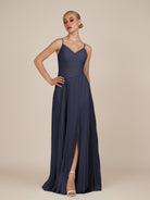 KissDress-Vionnet Dusk Blue A-Line V Neck Pleated Chiffon Long Bridesmaid Dress with Slit