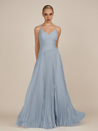 KissDress-Vionnet Dusty Blue A-Line V Neck Pleated Chiffon Long Bridesmaid Dress with Slit