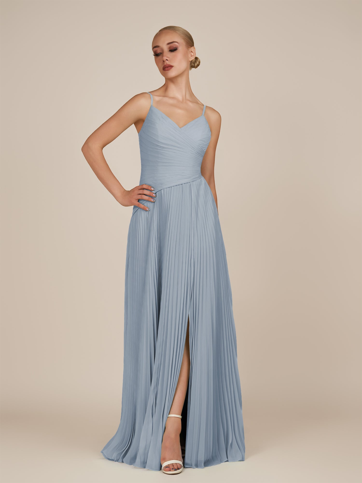 KissDress-Vionnet Dusty Blue A-Line V Neck Pleated Chiffon Long Bridesmaid Dress with Slit