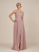 KissDress-Vionnet Dusty Rose A-Line V Neck Pleated Chiffon Long Bridesmaid Dress with Slit
