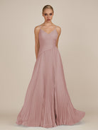 KissDress-Vionnet Dusty Rose A-Line V Neck Pleated Chiffon Long Bridesmaid Dress with Slit