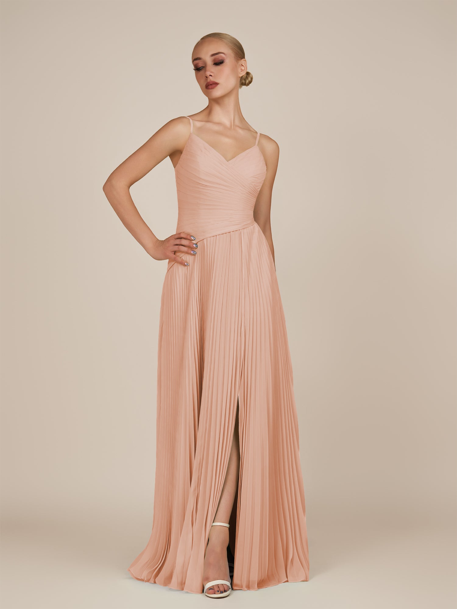KissDress-Vionnet English Rose A-Line V Neck Pleated Chiffon Long Bridesmaid Dress with Slit