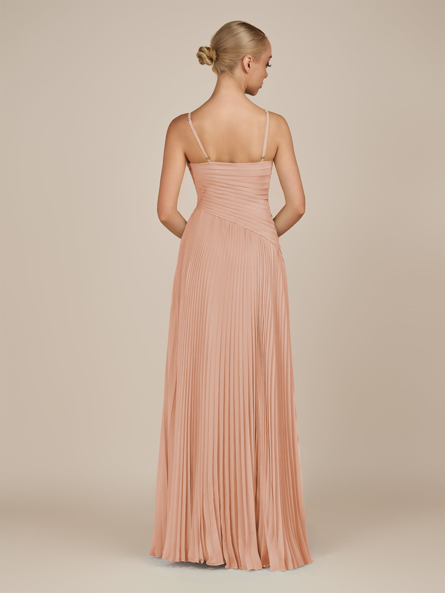 KissDress-Vionnet English Rose A-Line V Neck Pleated Chiffon Long Bridesmaid Dress with Slit