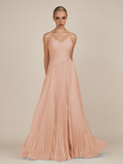 KissDress-Vionnet English Rose A-Line V Neck Pleated Chiffon Long Bridesmaid Dress with Slit