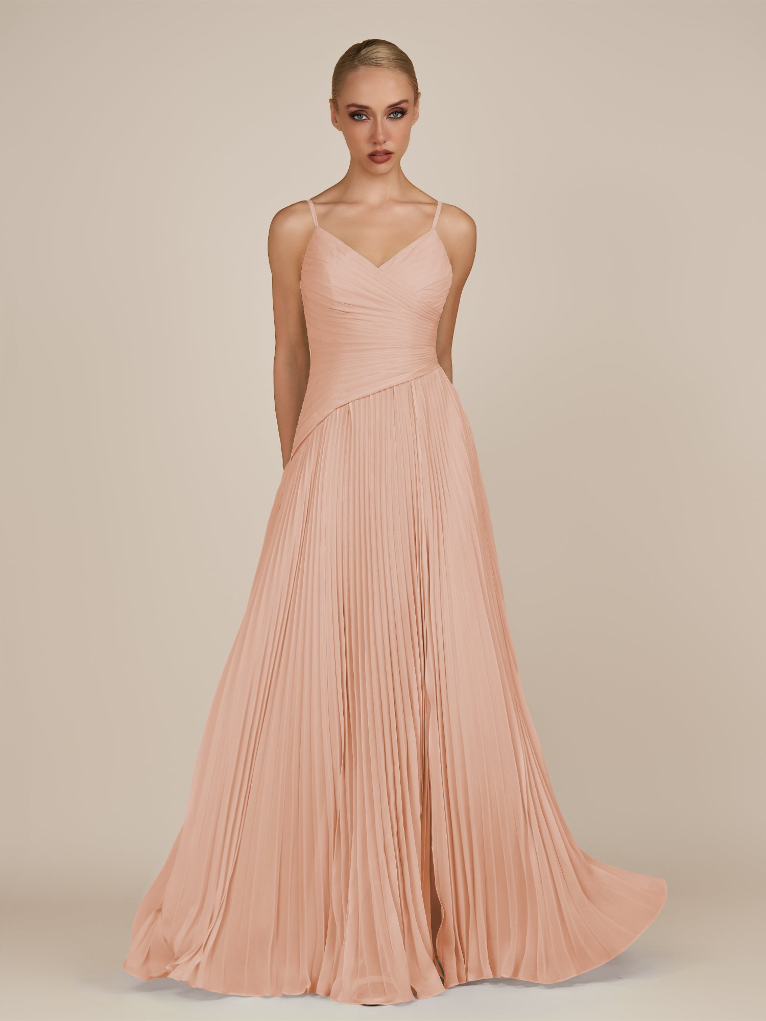 KissDress-Vionnet English Rose A-Line V Neck Pleated Chiffon Long Bridesmaid Dress with Slit