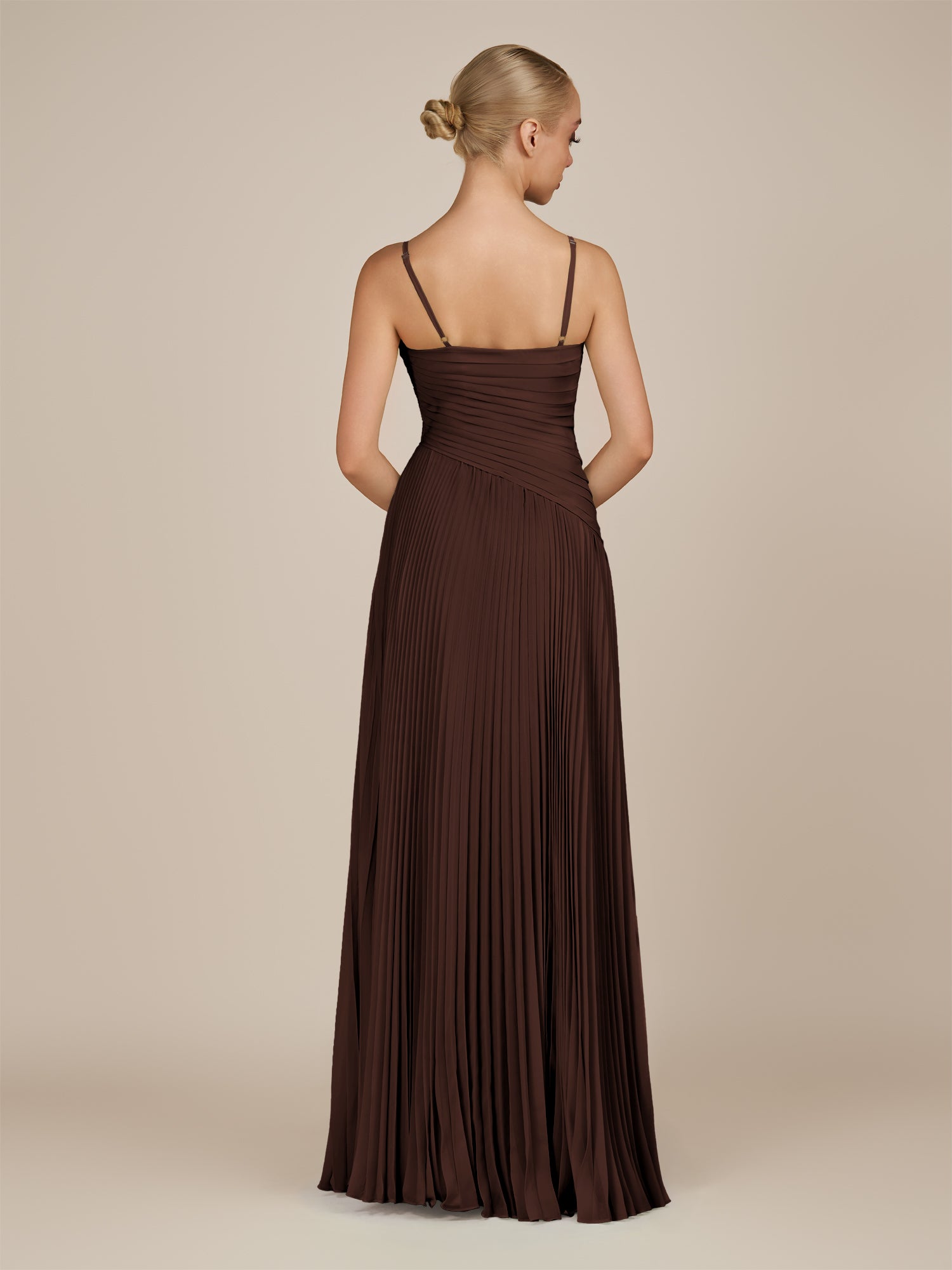 KissDress-Vionnet Espresso A-Line V Neck Pleated Chiffon Long Bridesmaid Dress with Slit