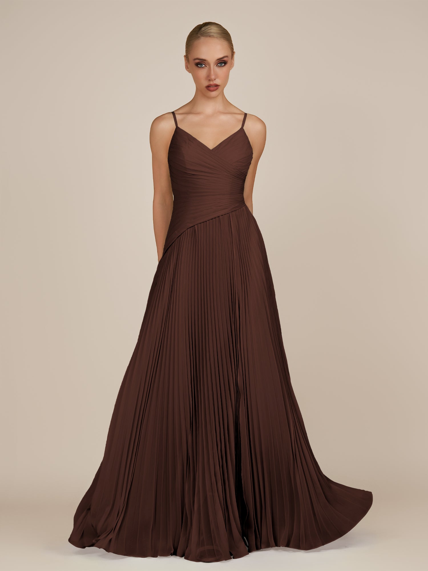 KissDress-Vionnet Espresso A-Line V Neck Pleated Chiffon Long Bridesmaid Dress with Slit