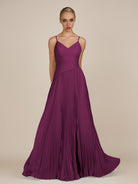 KissDress-Vionnet Fig A-Line V Neck Pleated Chiffon Long Bridesmaid Dress with Slit