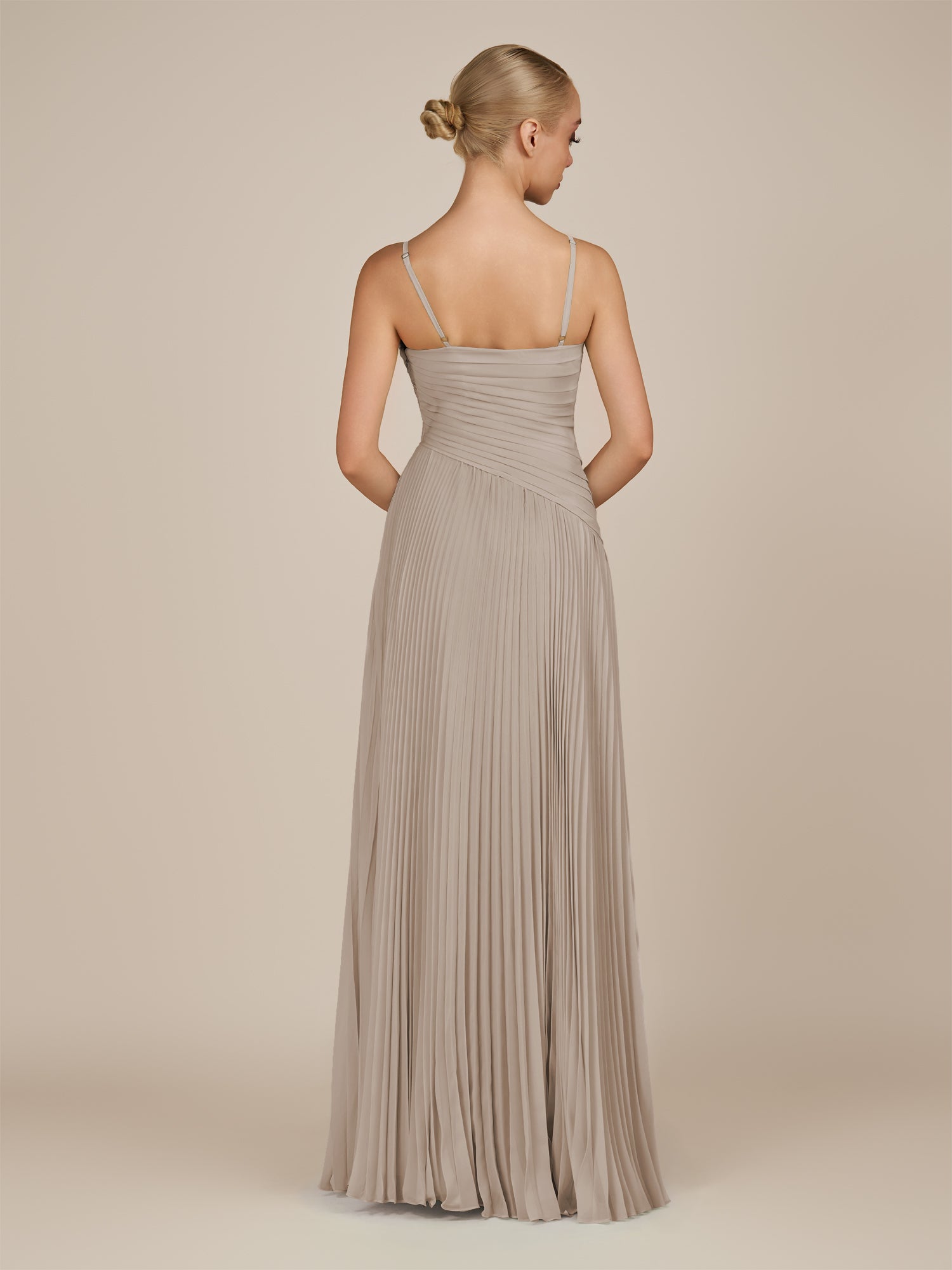 KissDress-Vionnet Frost A-Line V Neck Pleated Chiffon Long Bridesmaid Dress with Slit