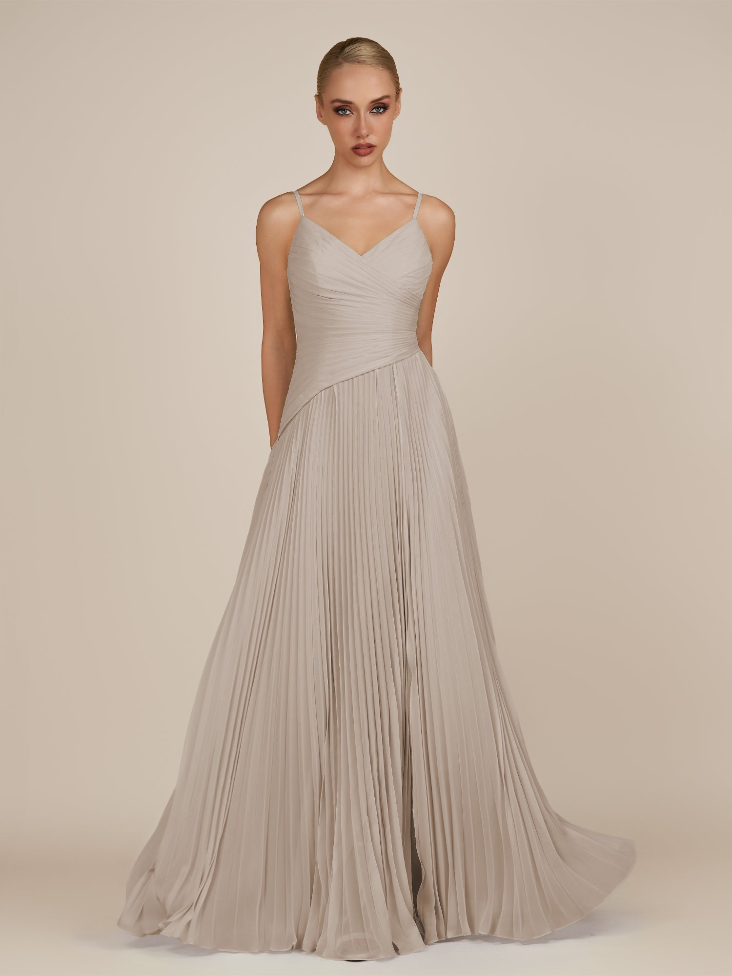 KissDress-Vionnet Frost A-Line V Neck Pleated Chiffon Long Bridesmaid Dress with Slit