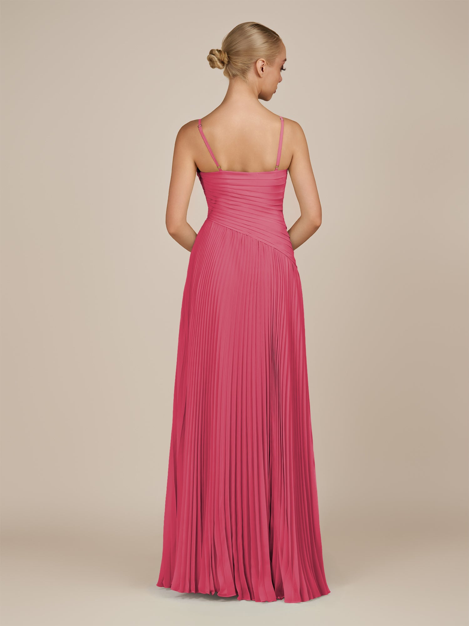 KissDress-Vionnet Fuchsia A-Line V Neck Pleated Chiffon Long Bridesmaid Dress with Slit