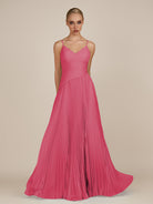 KissDress-Vionnet Fuchsia A-Line V Neck Pleated Chiffon Long Bridesmaid Dress with Slit