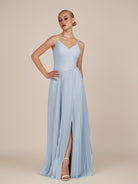 KissDress-Vionnet Ice A-Line V Neck Pleated Chiffon Long Bridesmaid Dress with Slit