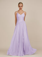 KissDress-Vionnet Lavender A-Line V Neck Pleated Chiffon Long Bridesmaid Dress with Slit