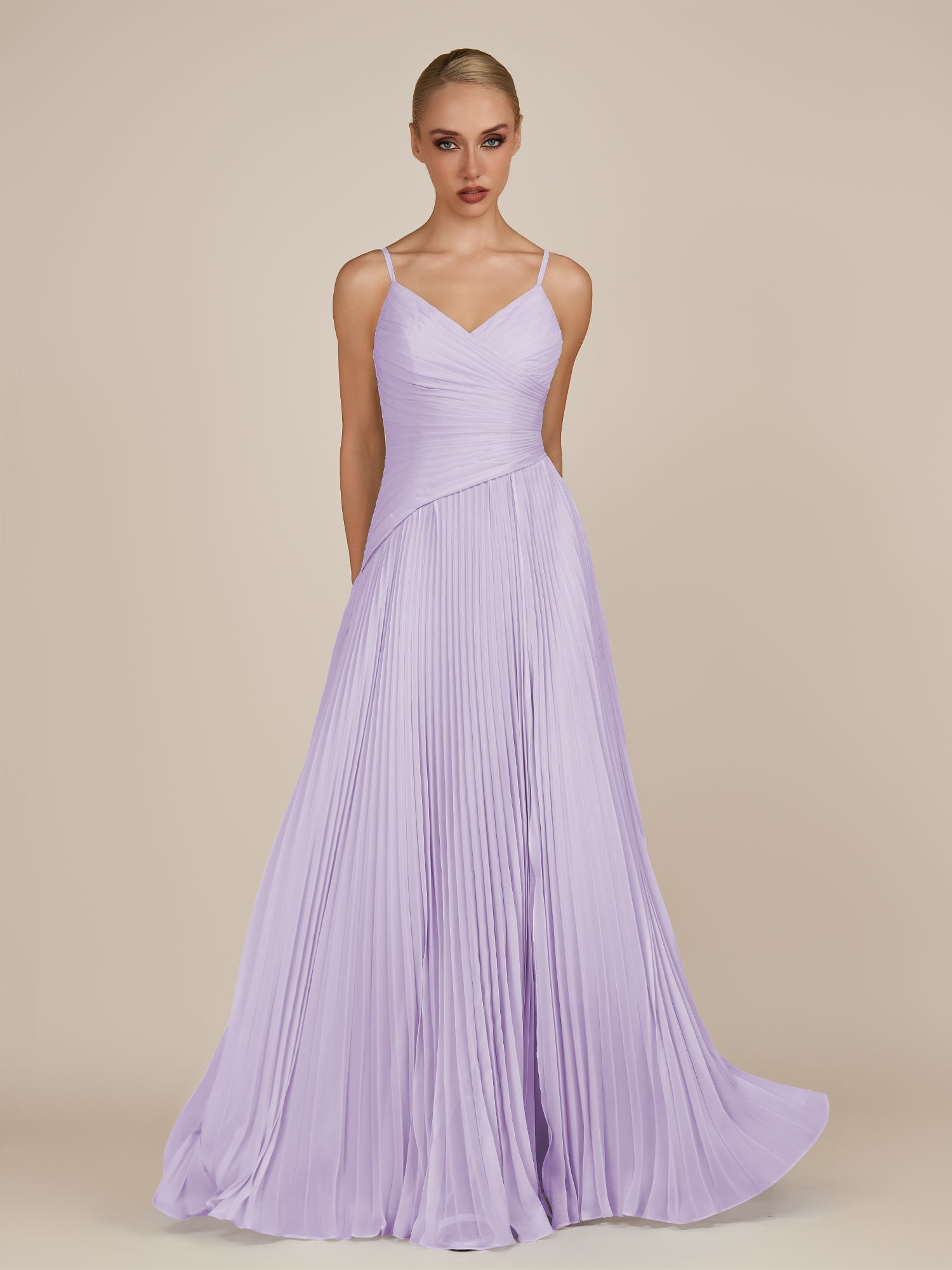 KissDress-Vionnet Lavender A-Line V Neck Pleated Chiffon Long Bridesmaid Dress with Slit