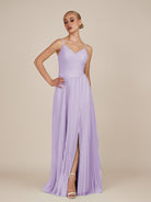 KissDress-Vionnet Lavender A-Line V Neck Pleated Chiffon Long Bridesmaid Dress with Slit